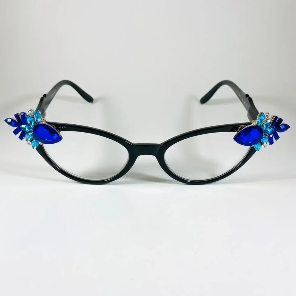 Vixen Readers shiny Jet frames with bright blue and aqua rhinestones +.50